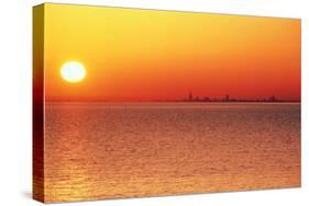 Usa,Chicago,Lake Michigan,Orange Sunset,City Skyline in Distance-Frank Cezus-Stretched Canvas