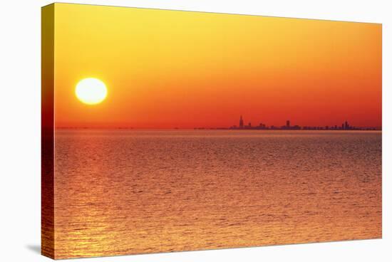 Usa,Chicago,Lake Michigan,Orange Sunset,City Skyline in Distance-Frank Cezus-Stretched Canvas