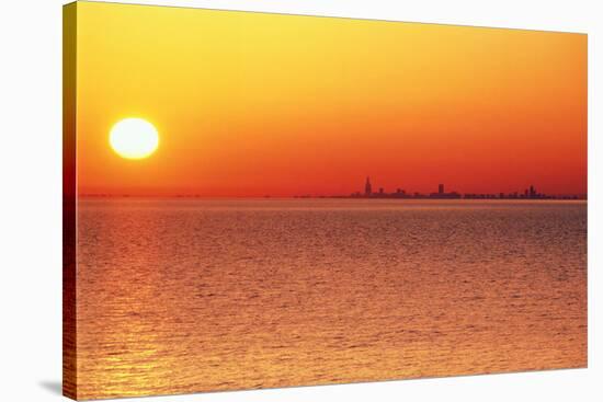 Usa,Chicago,Lake Michigan,Orange Sunset,City Skyline in Distance-Frank Cezus-Stretched Canvas