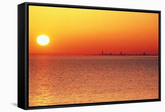 Usa,Chicago,Lake Michigan,Orange Sunset,City Skyline in Distance-Frank Cezus-Framed Stretched Canvas