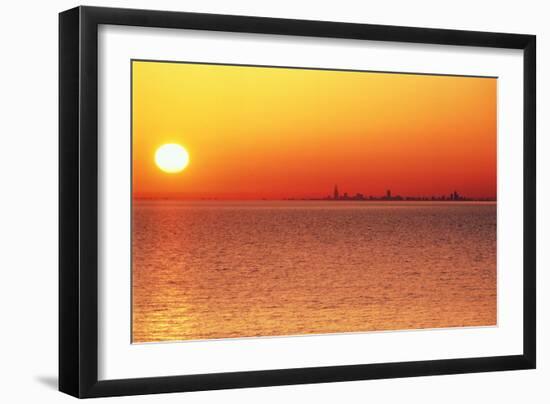 Usa,Chicago,Lake Michigan,Orange Sunset,City Skyline in Distance-Frank Cezus-Framed Photographic Print