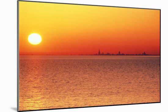 Usa,Chicago,Lake Michigan,Orange Sunset,City Skyline in Distance-Frank Cezus-Mounted Photographic Print