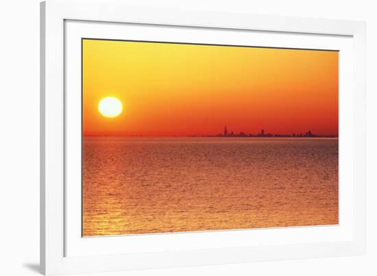 Usa,Chicago,Lake Michigan,Orange Sunset,City Skyline in Distance-Frank Cezus-Framed Photographic Print