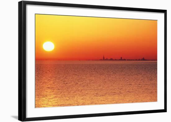 Usa,Chicago,Lake Michigan,Orange Sunset,City Skyline in Distance-Frank Cezus-Framed Photographic Print