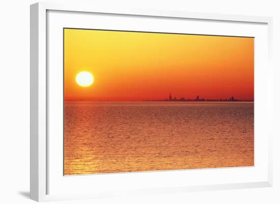 Usa,Chicago,Lake Michigan,Orange Sunset,City Skyline in Distance-Frank Cezus-Framed Photographic Print