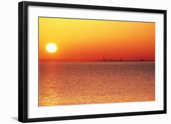 Usa,Chicago,Lake Michigan,Orange Sunset,City Skyline in Distance-Frank Cezus-Framed Photographic Print