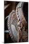 USA, Colorado, Custer County, Westcliffe. Tack room. Tooled leather western saddle.-Cindy Miller Hopkins-Mounted Photographic Print