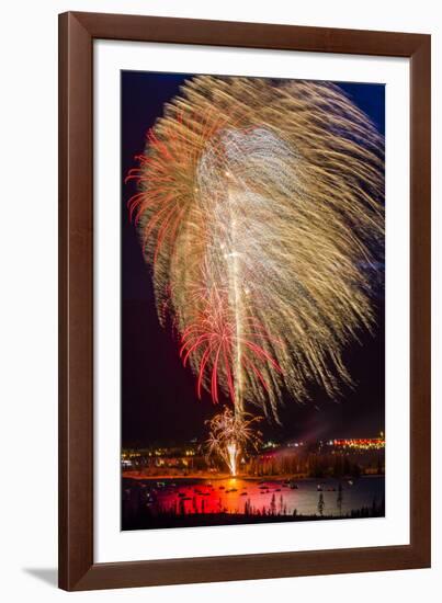 USA, Colorado, Frisco, Dillon Reservoir. Fireworks display on July 4th-Fred Lord-Framed Photographic Print