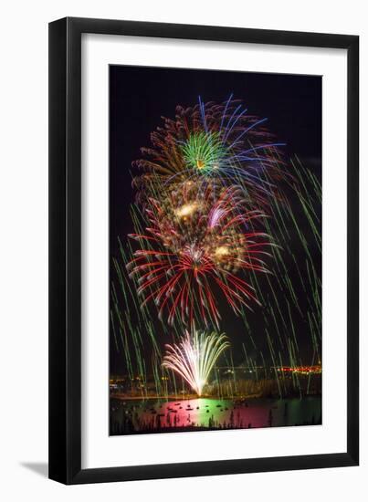 USA, Colorado, Frisco, Dillon Reservoir. Fireworks display on July 4th-Fred Lord-Framed Photographic Print