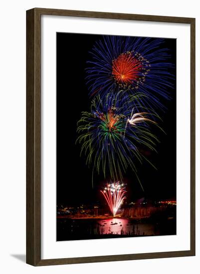 USA, Colorado, Frisco, Dillon Reservoir. Fireworks display on July 4th-Fred Lord-Framed Photographic Print