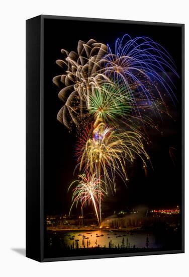 USA, Colorado, Frisco, Dillon Reservoir. Fireworks display on July 4th-Fred Lord-Framed Stretched Canvas