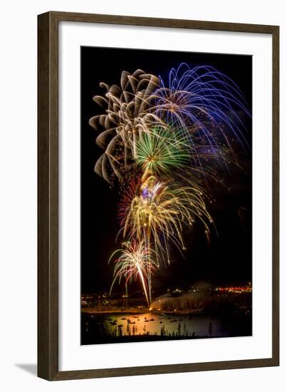 USA, Colorado, Frisco, Dillon Reservoir. Fireworks display on July 4th-Fred Lord-Framed Photographic Print