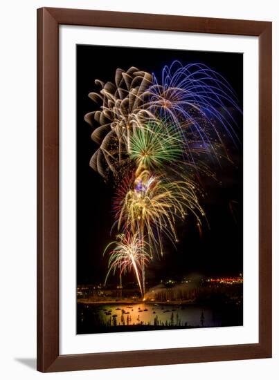 USA, Colorado, Frisco, Dillon Reservoir. Fireworks display on July 4th-Fred Lord-Framed Photographic Print