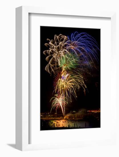 USA, Colorado, Frisco, Dillon Reservoir. Fireworks display on July 4th-Fred Lord-Framed Photographic Print