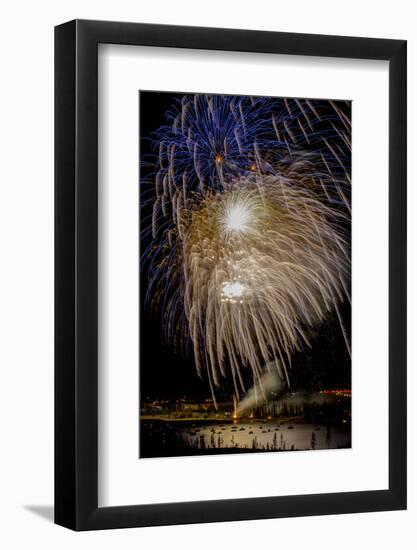 USA, Colorado, Frisco, Dillon Reservoir. Fireworks display on July 4th-Fred Lord-Framed Photographic Print