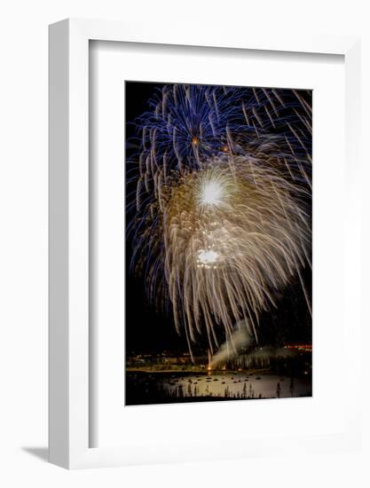 USA, Colorado, Frisco, Dillon Reservoir. Fireworks display on July 4th-Fred Lord-Framed Photographic Print