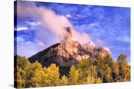 USA, Colorado, San Juan Mountains. Autumn aspen trees and Chimney Rock.-Jaynes Gallery-Stretched Canvas