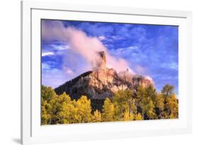 USA, Colorado, San Juan Mountains. Autumn aspen trees and Chimney Rock.-Jaynes Gallery-Framed Photographic Print