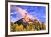 USA, Colorado, San Juan Mountains. Autumn aspen trees and Chimney Rock.-Jaynes Gallery-Framed Photographic Print