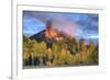 USA, Colorado, San Juan Mountains. Chimney Rock formation and aspens at sunset.-Jaynes Gallery-Framed Photographic Print