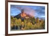 USA, Colorado, San Juan Mountains. Chimney Rock formation and aspens at sunset.-Jaynes Gallery-Framed Photographic Print