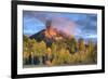 USA, Colorado, San Juan Mountains. Chimney Rock formation and aspens at sunset.-Jaynes Gallery-Framed Photographic Print