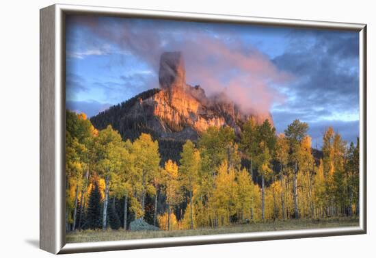 USA, Colorado, San Juan Mountains. Chimney Rock formation and aspens at sunset.-Jaynes Gallery-Framed Photographic Print