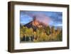 USA, Colorado, San Juan Mountains. Chimney Rock formation and aspens at sunset.-Jaynes Gallery-Framed Photographic Print