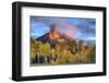 USA, Colorado, San Juan Mountains. Chimney Rock formation and aspens at sunset.-Jaynes Gallery-Framed Photographic Print