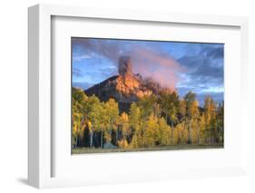 USA, Colorado, San Juan Mountains. Chimney Rock formation and aspens at sunset.-Jaynes Gallery-Framed Photographic Print