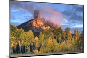 USA, Colorado, San Juan Mountains. Chimney Rock formation and aspens at sunset.-Jaynes Gallery-Mounted Photographic Print