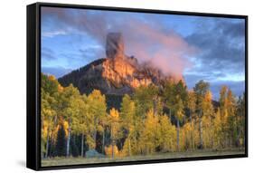 USA, Colorado, San Juan Mountains. Chimney Rock formation and aspens at sunset.-Jaynes Gallery-Framed Stretched Canvas