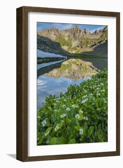 USA, Colorado, San Juan Mountains. Clear Lake Reflection and Marigolds-Jaynes Gallery-Framed Photographic Print