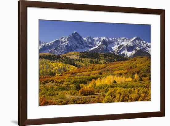 USA, Colorado, San Juan Mountains. Mountain and valley landscape in autumn.-Jaynes Gallery-Framed Premium Photographic Print