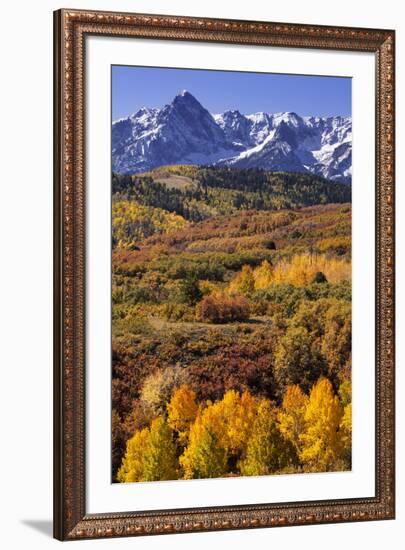 USA, Colorado, San Juan Mountains. Mountain and valley landscape in autumn.-Jaynes Gallery-Framed Premium Photographic Print