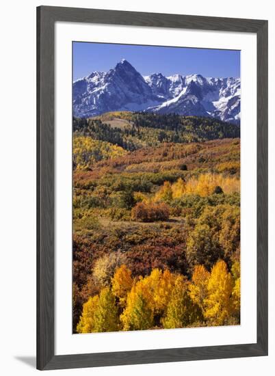 USA, Colorado, San Juan Mountains. Mountain and valley landscape in autumn.-Jaynes Gallery-Framed Premium Photographic Print