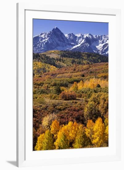 USA, Colorado, San Juan Mountains. Mountain and valley landscape in autumn.-Jaynes Gallery-Framed Photographic Print