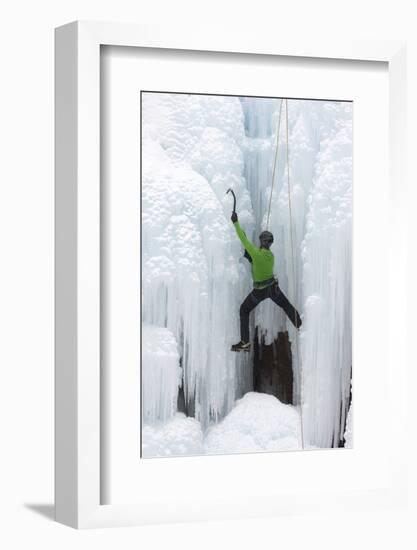 USA, Colorado, Uncompahgre National Forest. Climber ascends icy cliff face.-Jaynes Gallery-Framed Photographic Print