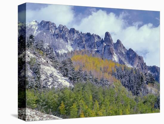 USA, Colorado, Uncompahgre National Forest, Fall Snow on Ophir Needles Above Aspen and Conifers-John Barger-Stretched Canvas
