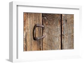 USA, Colorado, Westcliffe. Old wooden barn wall with bent horseshoe handle.-Cindy Miller Hopkins-Framed Photographic Print