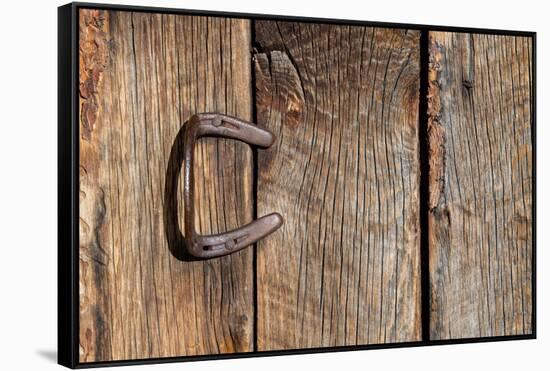 USA, Colorado, Westcliffe. Old wooden barn wall with bent horseshoe handle.-Cindy Miller Hopkins-Framed Stretched Canvas