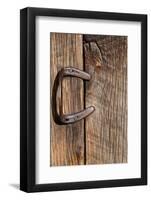 USA, Colorado, Westcliffe. Old wooden barn wall with bent horseshoe handle.-Cindy Miller Hopkins-Framed Photographic Print