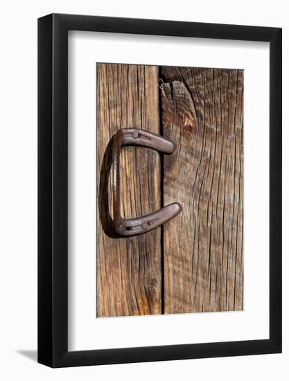 USA, Colorado, Westcliffe. Old wooden barn wall with bent horseshoe handle.-Cindy Miller Hopkins-Framed Photographic Print