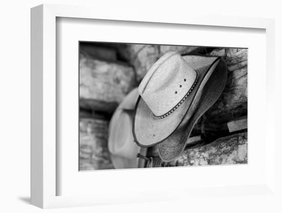 USA, Colorado, Westcliffe. Tack room, cowboy hat detail.-Cindy Miller Hopkins-Framed Photographic Print