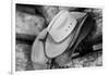 USA, Colorado, Westcliffe. Tack room, cowboy hat detail.-Cindy Miller Hopkins-Framed Photographic Print