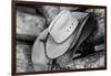 USA, Colorado, Westcliffe. Tack room, cowboy hat detail.-Cindy Miller Hopkins-Framed Photographic Print