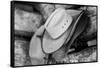 USA, Colorado, Westcliffe. Tack room, cowboy hat detail.-Cindy Miller Hopkins-Framed Stretched Canvas