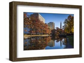 USA, Connecticut, Hartford, Bushnell Park, reflection of office buildings and Travelers Tower-Walter Bibikow-Framed Photographic Print