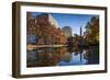 USA, Connecticut, Hartford, Bushnell Park, reflection of office buildings and Travelers Tower-Walter Bibikow-Framed Photographic Print