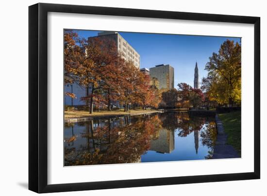 USA, Connecticut, Hartford, Bushnell Park, reflection of office buildings and Travelers Tower-Walter Bibikow-Framed Photographic Print